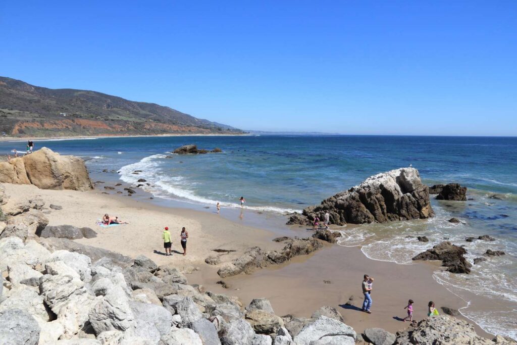 Rocky coastline and beach scenery at Leo Carrillo State Park near Malibu, California.